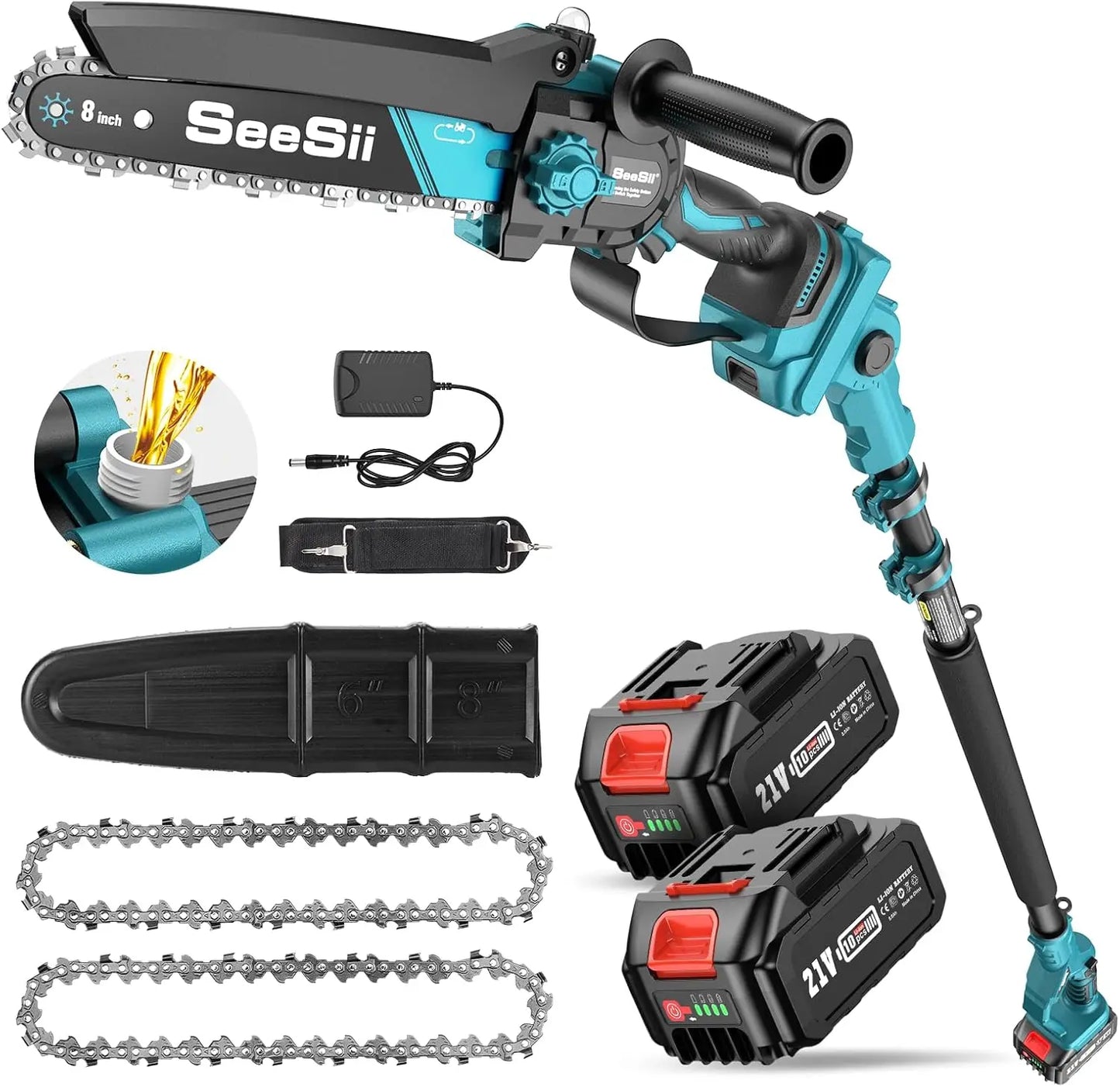 Seesii 2-IN-1 Cordless Pole Saw 8-inch Electric Saws Brushless 3500W with 2.7m Extension Pole Gardening Tool For 18V Battery