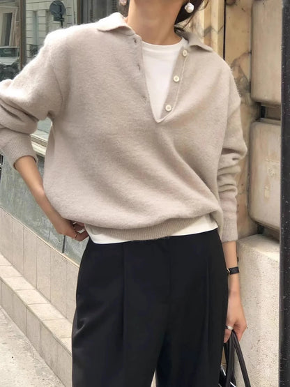 100% Wool Women's Knitted Sweater 2025 Autumn/Winter New Solid Color Casual Collar Polo Wool Sweater