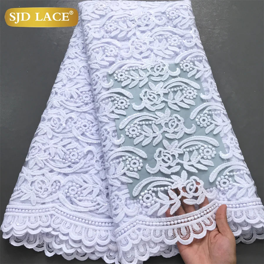 SJD LACE African Milk Silk Lace Fabric 2025 High Quality Nigerian White Mesh Embroidery Lace for Sewing Women Wedding Dress 4043