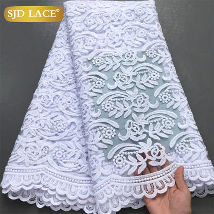 SJD LACE African Milk Silk Lace Fabric 2025 High Quality Nigerian White Mesh Embroidery Lace for Sewing Women Wedding Dress 4043