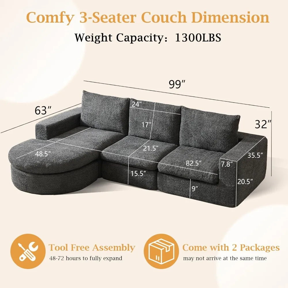99" Modular Sectional Sofa, Cloud Sectional Couch with Neck Pillow & Deep Seat,Chenille Boneless Couches with L-Shape,Customized