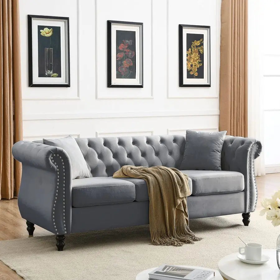 Chesterfield Sofa, Retro Style Upholstered 3 Seater Velvet Couch with Rolled Arm for Living Room Bedroom Office Apartment, Grey
