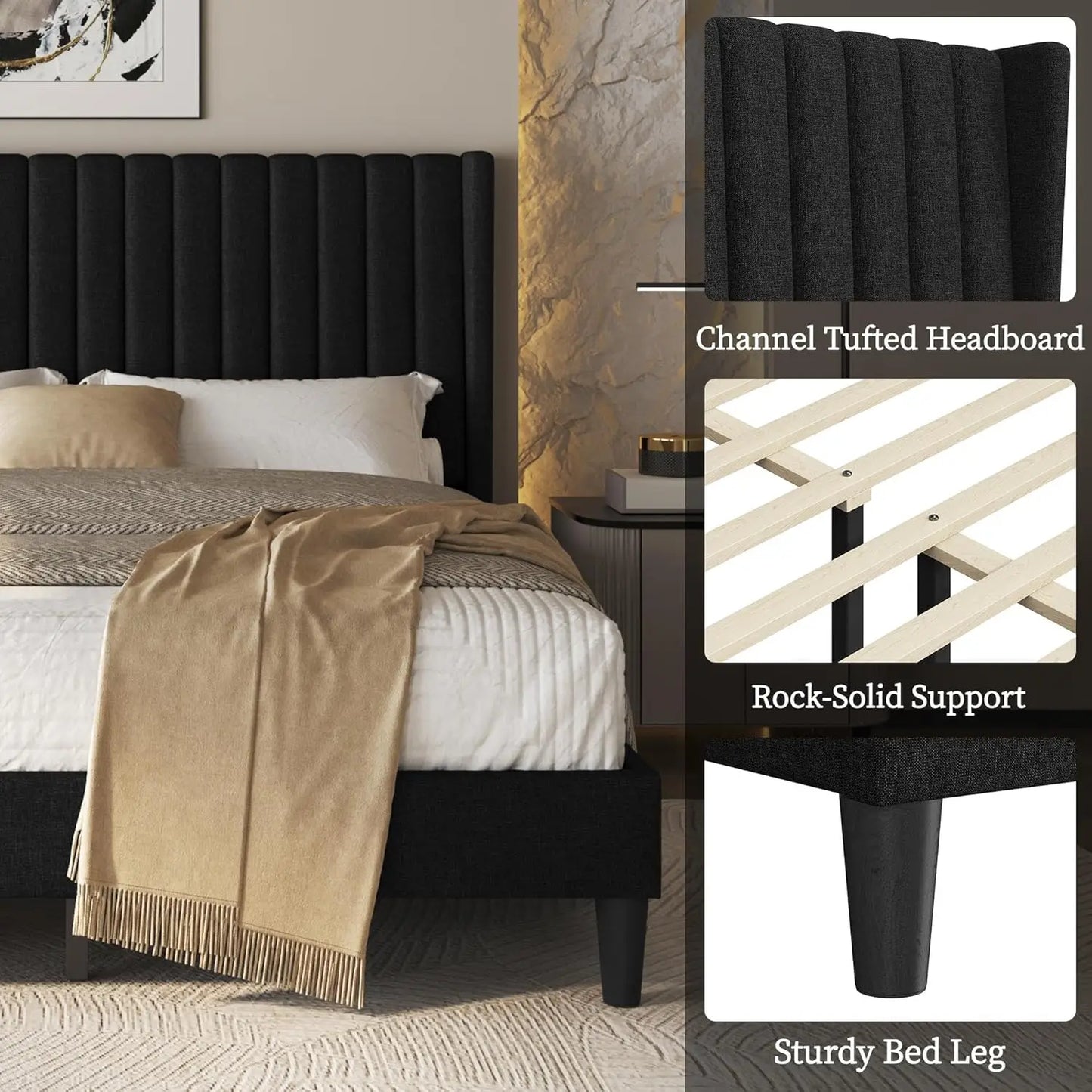 Queen Bed Frame Upholstered Platform Bed with Fabric Headboard, Wing Edge Design/Non-Slip and Noise-Free/Wooden, Customized