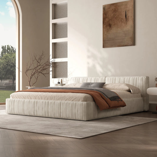 Queen Size Chenille Platform Bed with Thick Headboard and Footboard, Block Pleated Design Style, Wooden Structure Solid, Noise F