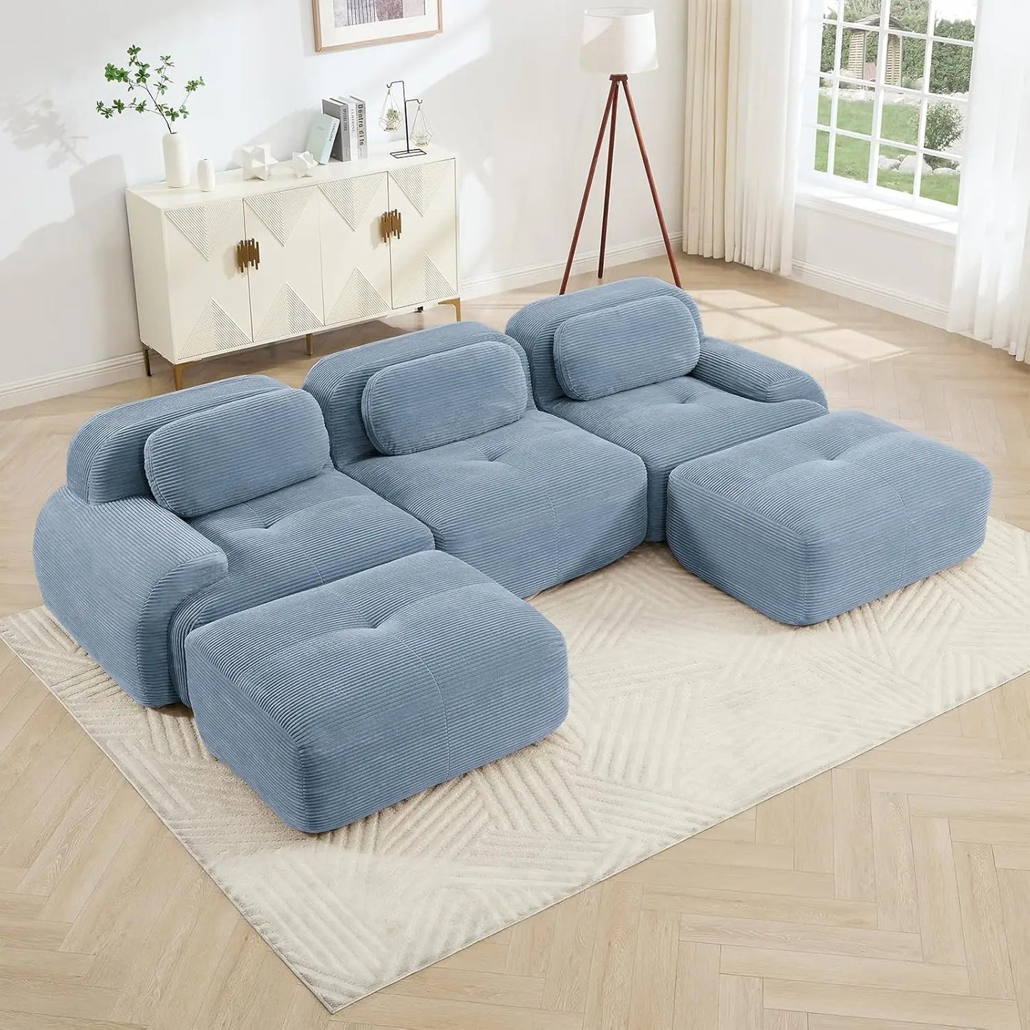 116" Modern Corduroy Cloud Sofa with Ottoman, U Shaped Boneless Modular Large Sectional Couches for Living Room, Green 3 Seater