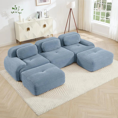 116" Modern Corduroy Cloud Sofa with Ottoman, U Shaped Boneless Modular Large Sectional Couches for Living Room, Green 3 Seater