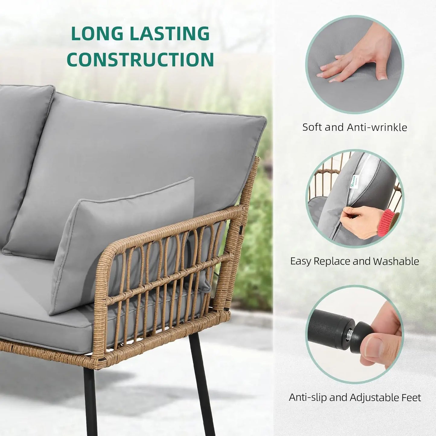 Outdoor L-Shaped Wicker Sofa Set with Cushions and Side Table, 5-Seater Patio Furniture for Backyard