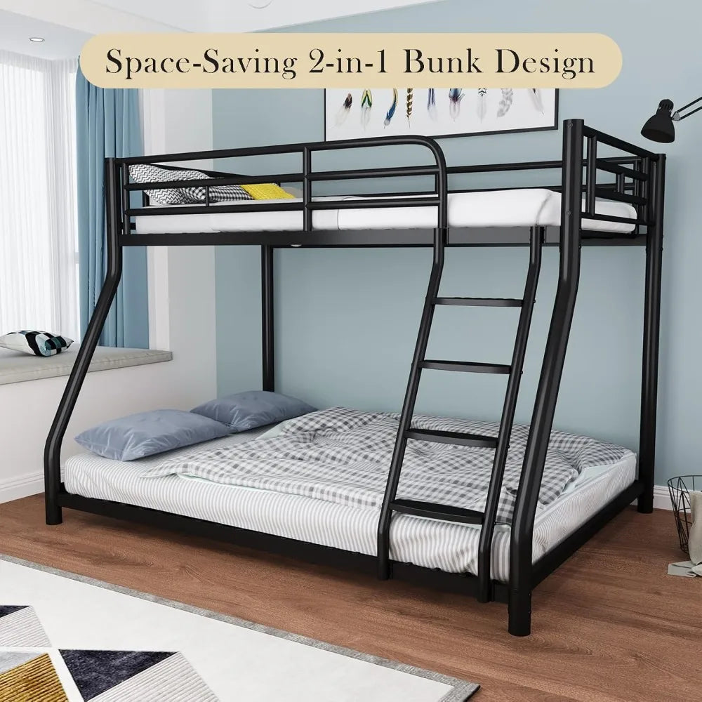 Metal Bunk Bed, Full Size Bed Frame, Twin Over Full Bunk Bed with Safety Guardrail and Ladder, Bunk Beds Twin Over Full Size