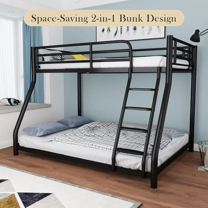 Metal Bunk Bed, Full Size Bed Frame, Twin Over Full Bunk Bed with Safety Guardrail and Ladder, Bunk Beds Twin Over Full Size