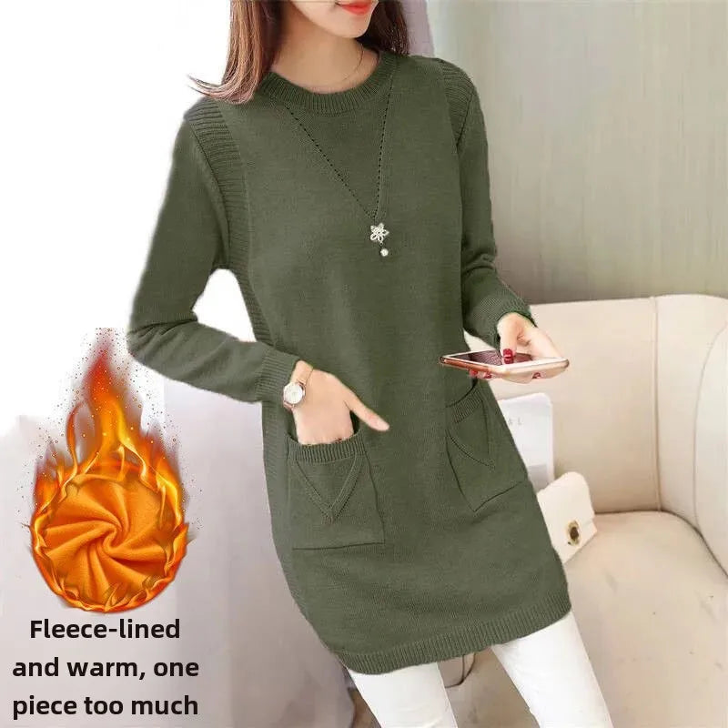 2024 New Style Korean Version Loose-Fit Medium-Length Knit Base Layer Top Women's Pullover Sweater Skirt Fleece-Lined Thickened