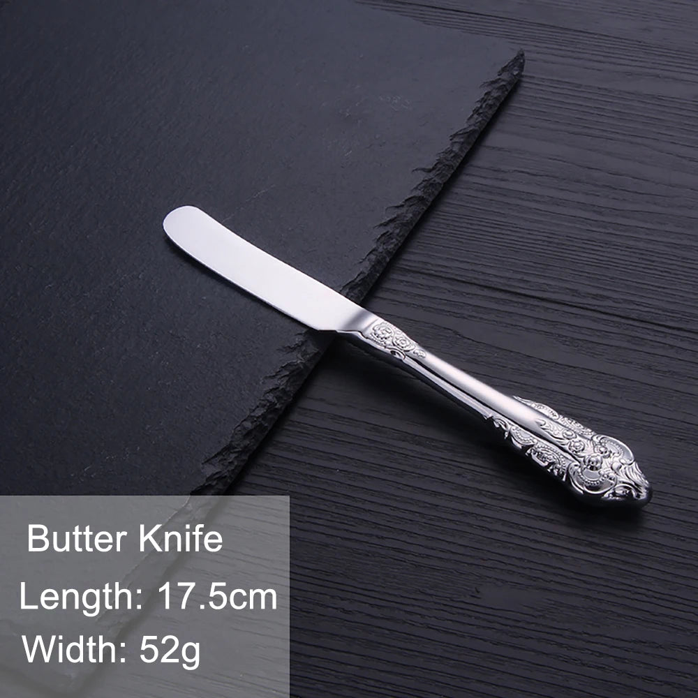 Vintage Western Stainless Steel Cutlery Set Luxury Tableware Wedding Engraving Dinnerware Knife Fork Spoon Sliverware 1 Pcs