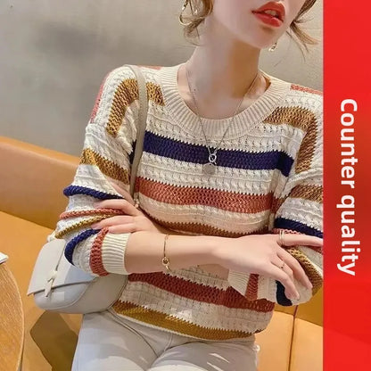 2024 Spring Summer New Hollow Color Striped Knitted Top Women's Loose Fit Cropped Bat Top Thin Cover Ups Crew Neck Pullovers