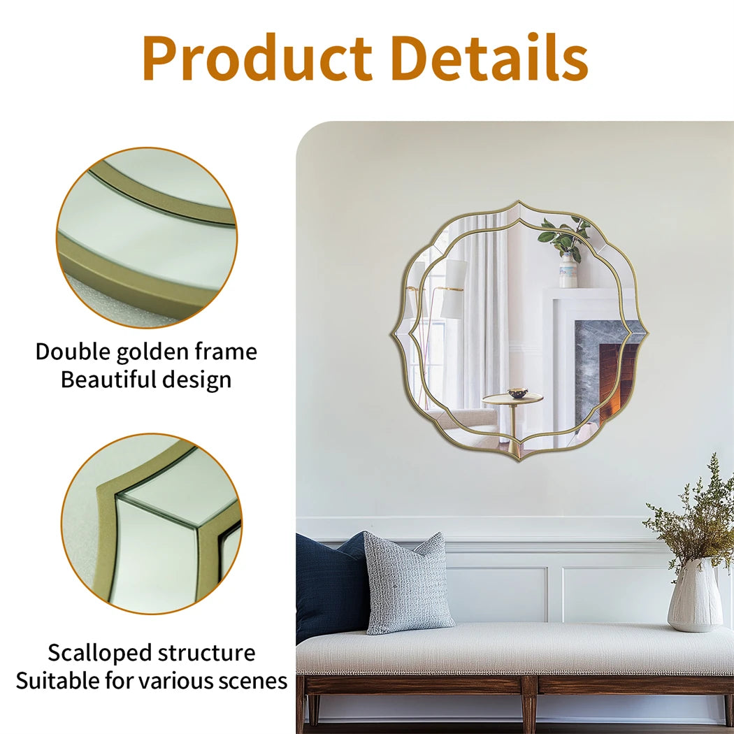 Large Wall Mirror Modern Decorative Mirror Flower Shaped Accent Mirror Beveled Golden Rim for Hallway Living Room Bedroom