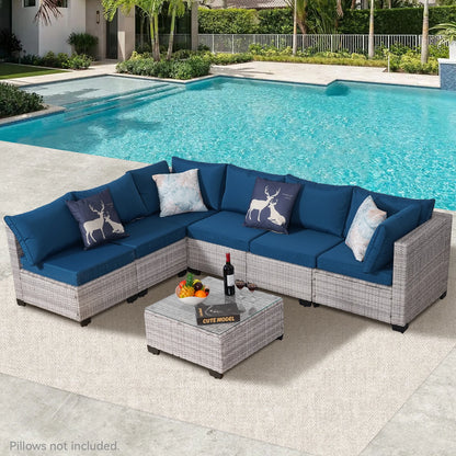NAGA BAHNA Outdoor Patio Furniture, 7 Piece Outdoor Sectional Sofa PE Rattan Wicker Patio Conversation Sets with Thick Cushions