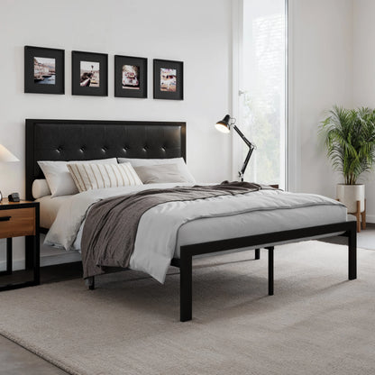 HOOMIC Metal Bed Frame, Upholstered Headboard with Square Stitched, Classic Button Tufted, Faux Leather, No Box Spring Needed