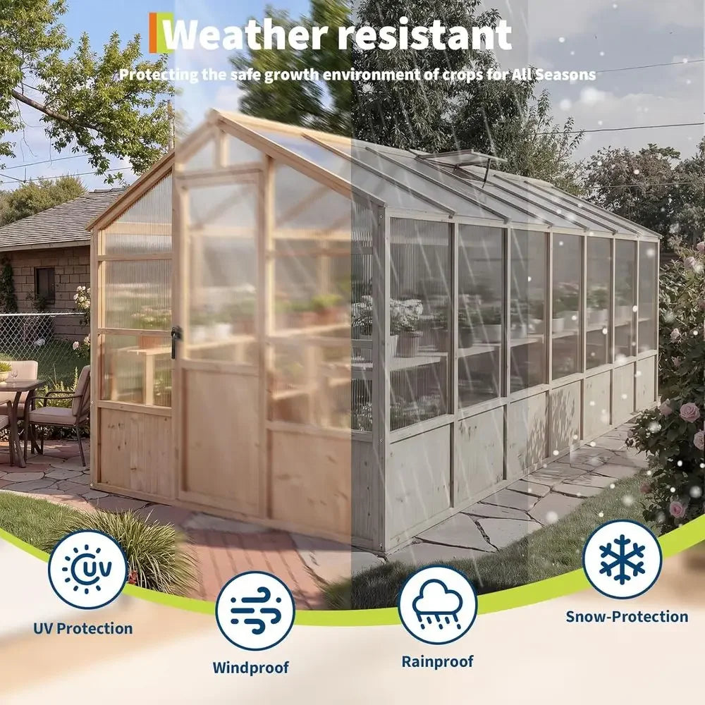 8x14 T Wooden Greenhouse or Outdoor, Walk-in Greenhouse Kit with Ventilated Window & Lockable Door & Polyte Panels, Large Wood e