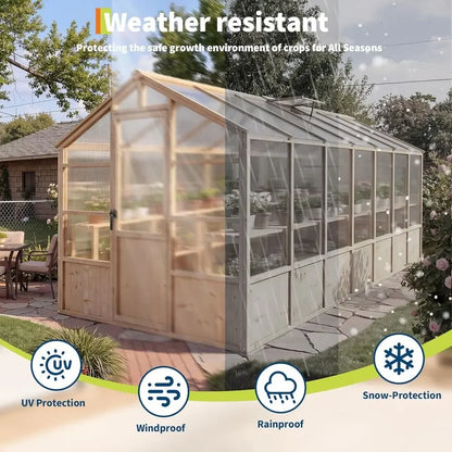 8x14 T Wooden Greenhouse or Outdoor, Walk-in Greenhouse Kit with Ventilated Window & Lockable Door & Polyte Panels, Large Wood e