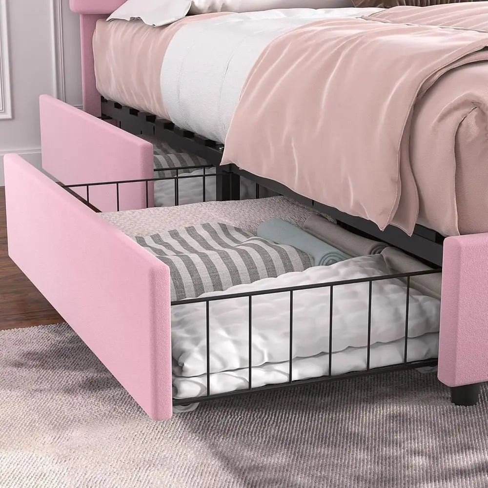 Pink Velvet Full-Size Platform Bed with 4 Drawers and Headboard, Wooden Slat Support, No Box Spring Needed