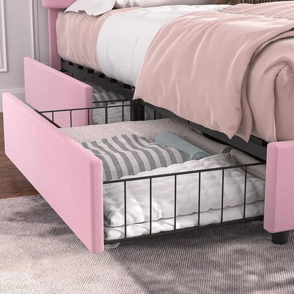 Pink Velvet Full-Size Platform Bed with 4 Drawers and Headboard, Wooden Slat Support, No Box Spring Needed