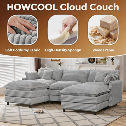 108" Cloud Couch, Modern U-Shaped Modular Sectional Sofa with 2 Ottomans & 5 Lumbar Pillows, 5-Seater Deep Seat, Customized
