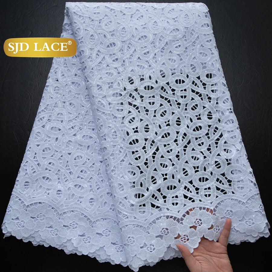 SJD LACE African Sequins Guipure Cord Lace Fabrics 5 Yards White 2025 New Nigerian Water Soluble Lace For Women Dresses Sew 4197