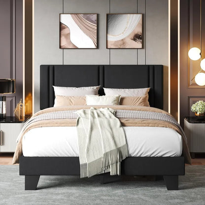 Upholstered Queen Size Bed Frame with Linen Fabric Headboard, Strong Wooden Slats Support, Noise Free, No Box Spring,Customized