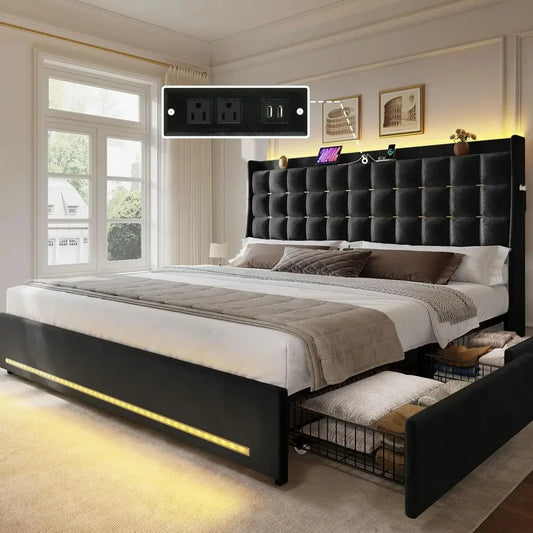 LED Queen/king Bed Frame with 4 Drawers Velvet Upholstered Platform Bed, No Box Spring Needed, Easy Assembly