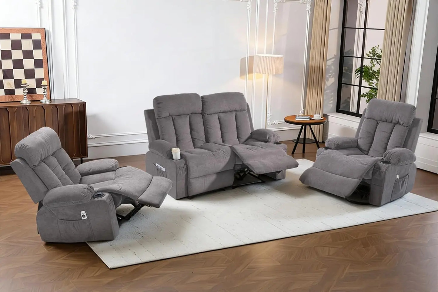 3 Piece Manual Recliner Sofa Set with Cup Holders Home Theater Office Grey Fabric Loveseat+Chair+Chair, Customized
