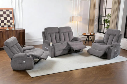 3 Piece Manual Recliner Sofa Set with Cup Holders Home Theater Office Grey Fabric Loveseat+Chair+Chair, Customized