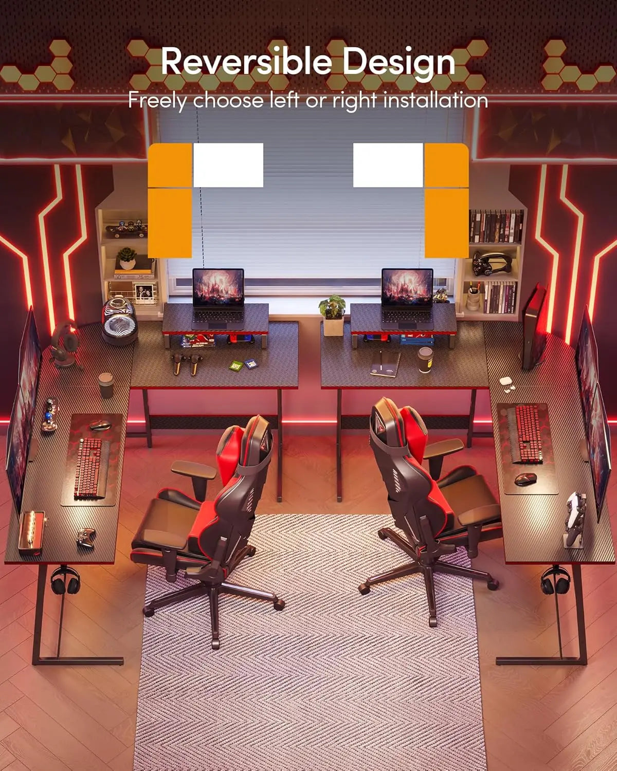 L Shaped Gaming Desk Computer Office Desk with Carbon Fiber Surface, 47 inch Corner Desk with Large Monitor Stand for Home Offic