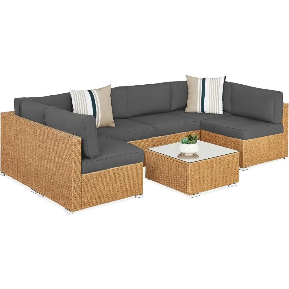 7-piece modular outdoor sectional wicker patio conversation set w/ 2 pillows, coffee table, cover included - natural/gray