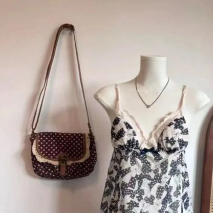 New Korean Polka Dot Niche Design Vintage Women's Single Shoulder Crossbody Bags Fashion Polka Dot Canvas Bag