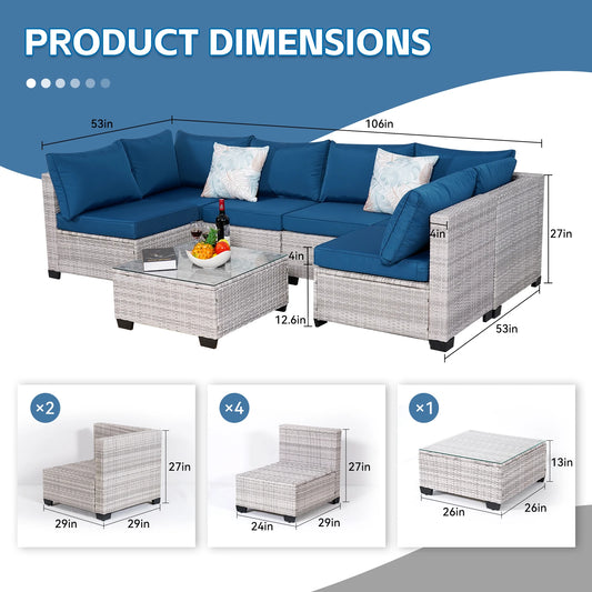 NAGA BAHNA Outdoor Patio Furniture, 7 Piece Outdoor Sectional Sofa PE Rattan Wicker Patio Conversation Sets with Thick Cushions