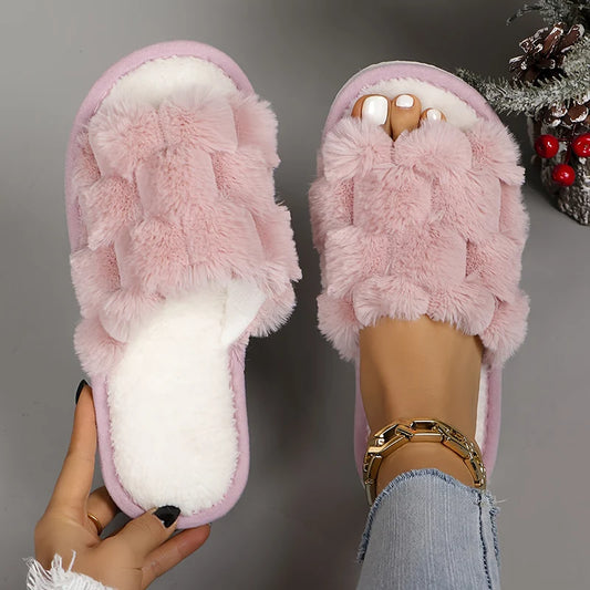 Women's Open Toe Fuzzy Slippers Autumn Winter Plush Warm Indoor Home Slides Woman Fluffy Faux Fur Soft Comfortable House Shoes