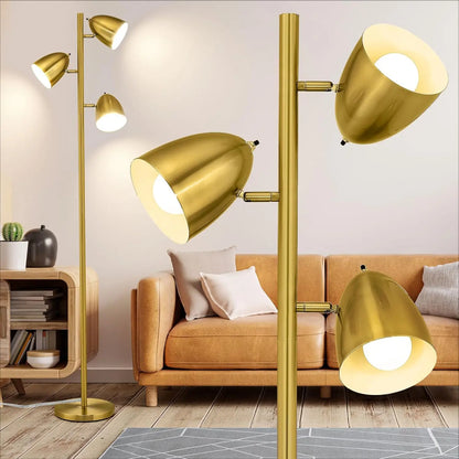 65" Modern Adjustable Floor Lamp with 3 E26 Bulbs, Gold Metal Heads for Living Room, Bedroom, Office