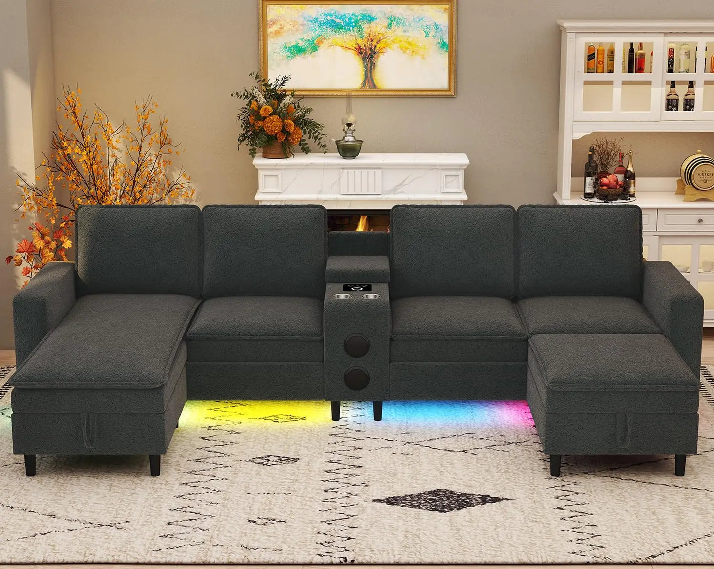 Sectional Couches for Living Room, 6 Seat Sectional Sofa with Bluetooth Speaker/RGB Light/Charging Station, Teddy, Customized