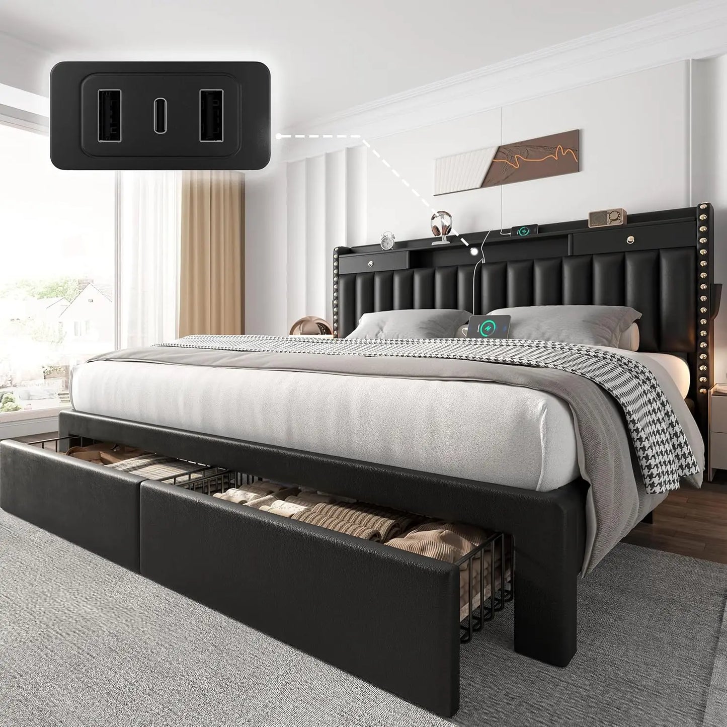 Bed Frame with 4 Storage Drawers, Upholstered Platform  Bed Frame and Headboard, 3 USB & Type-C, Customized