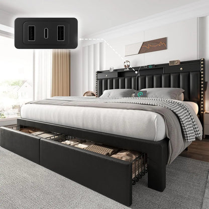 Bed Frame with 4 Storage Drawers, Upholstered Platform  Bed Frame and Headboard, 3 USB & Type-C, Customized