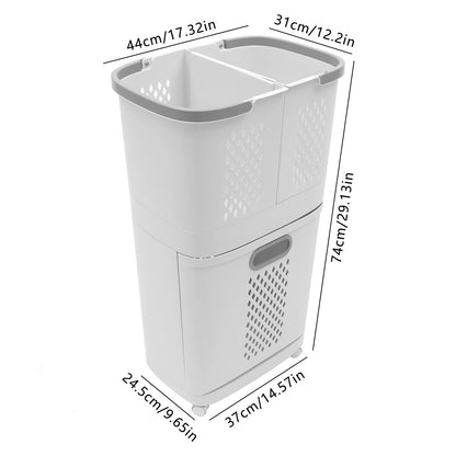 Movable Household Laundry Basket,2 Tier Laundry Hamper Basket Sorter with Wheels&Handle,Large Hand-Held Laundry Basket Storage