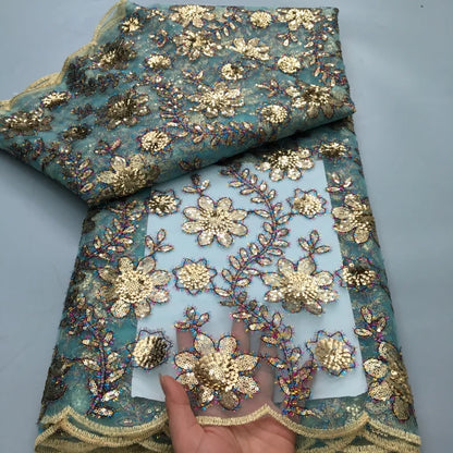 20225 French Flocking Tulle Lace Fabric High Quality 5 Yards Embroidered Sequins African Nigerian Lace Fabric for women Sewing