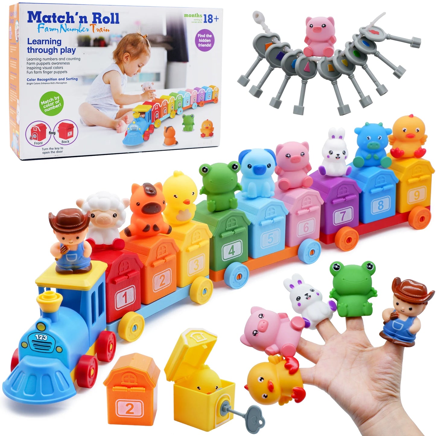 Montessori Farm Train Set for Toddlers Learning Counting, Matching & Sorting Fine Motor Skills,Preschool Toy Birthday Gift