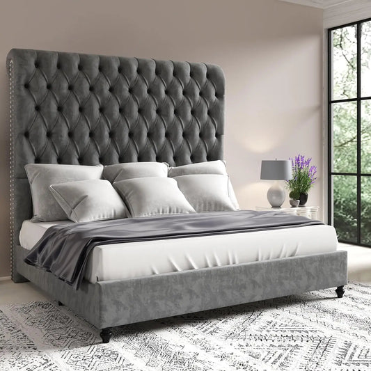 King Size Bed Frame with 59" Tall Upholstered Headboard, Luxury Velvet Bed with Handcrafted Deep-Tufted Design and, Customized