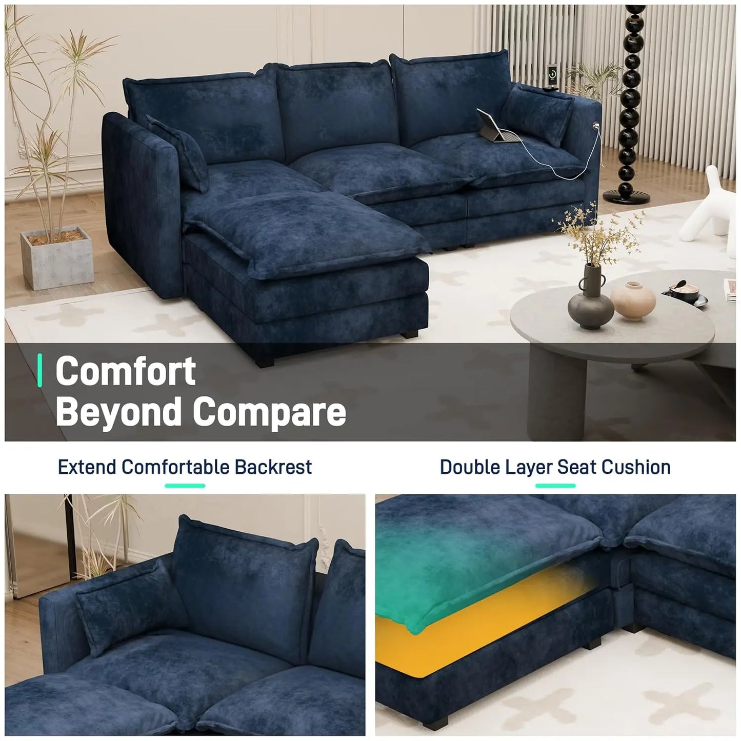 L Shaped Couch Sectional Sofa Comfy Cloud Couch for Living Room, Deep Seat Modular Sectional Sofa with Padded, Customized