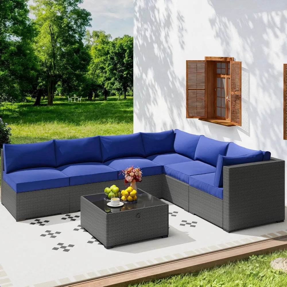 7 piece outdoor patio furniture set, outdoor sectional furniture, rattan & wicker modern modular conversation set sofa couch w/w