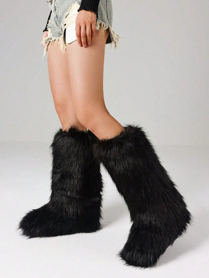 Furry Fluffy Women Snow Boots Warmplush Knee High Flats Luxury Fashion Punk Goth Cosplay Women Winter Shoes