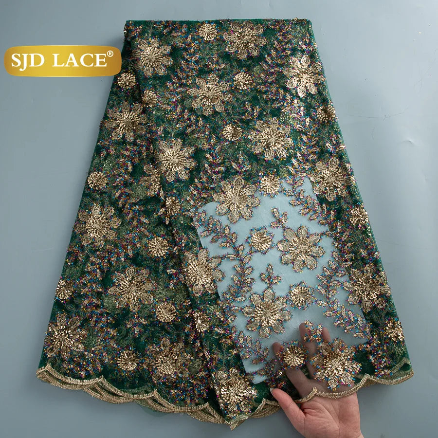 SJD LACE African Green Sequins Mesh Woman Lace Fabric High Quality 2025 Nigerian French Net Lace for Sewing Wedding Dresses 3735