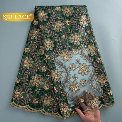 SJD LACE African Green Sequins Mesh Woman Lace Fabric High Quality 2025 Nigerian French Net Lace for Sewing Wedding Dresses 3735