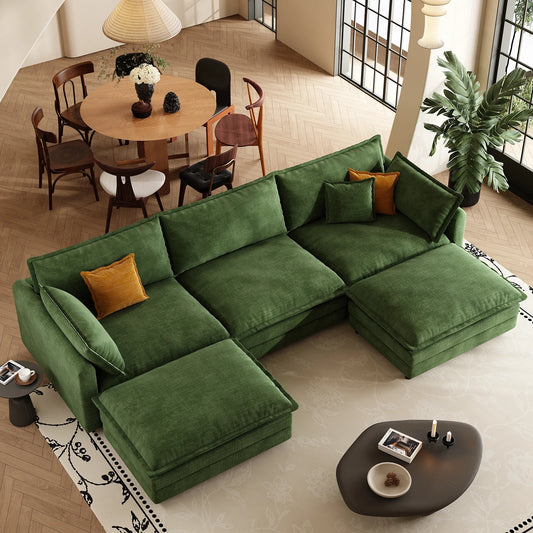 111.5" L Shaped Modern Sofa Modular Sectional Cloud Couch with Ottoman, 4-Seat Chenille Deep Seat Sofa with Pillow for Living Ro