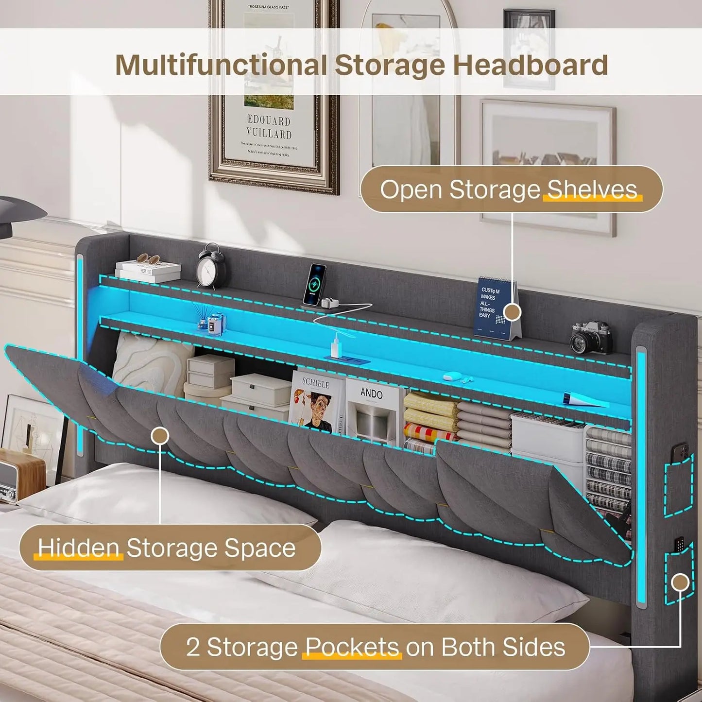 Platform Bed Frame King Size with Storage Headboard and LED Lights,King Size Bed Frame, Upholstered Headboard