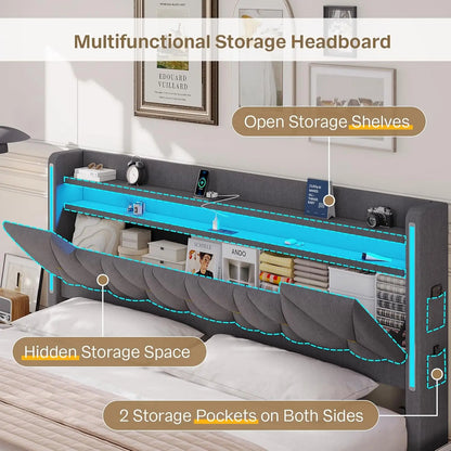 Platform Bed Frame King Size with Storage Headboard and LED Lights,King Size Bed Frame, Upholstered Headboard